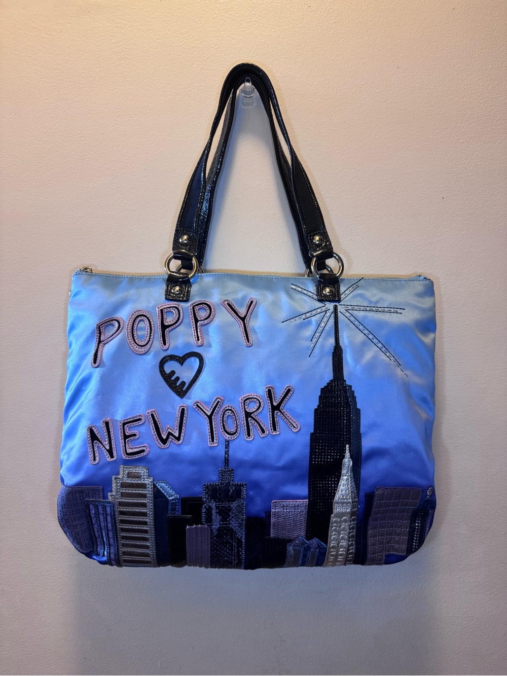 Coach Blue Poppy New York Skyline Shoulder Bag with Black Straps
